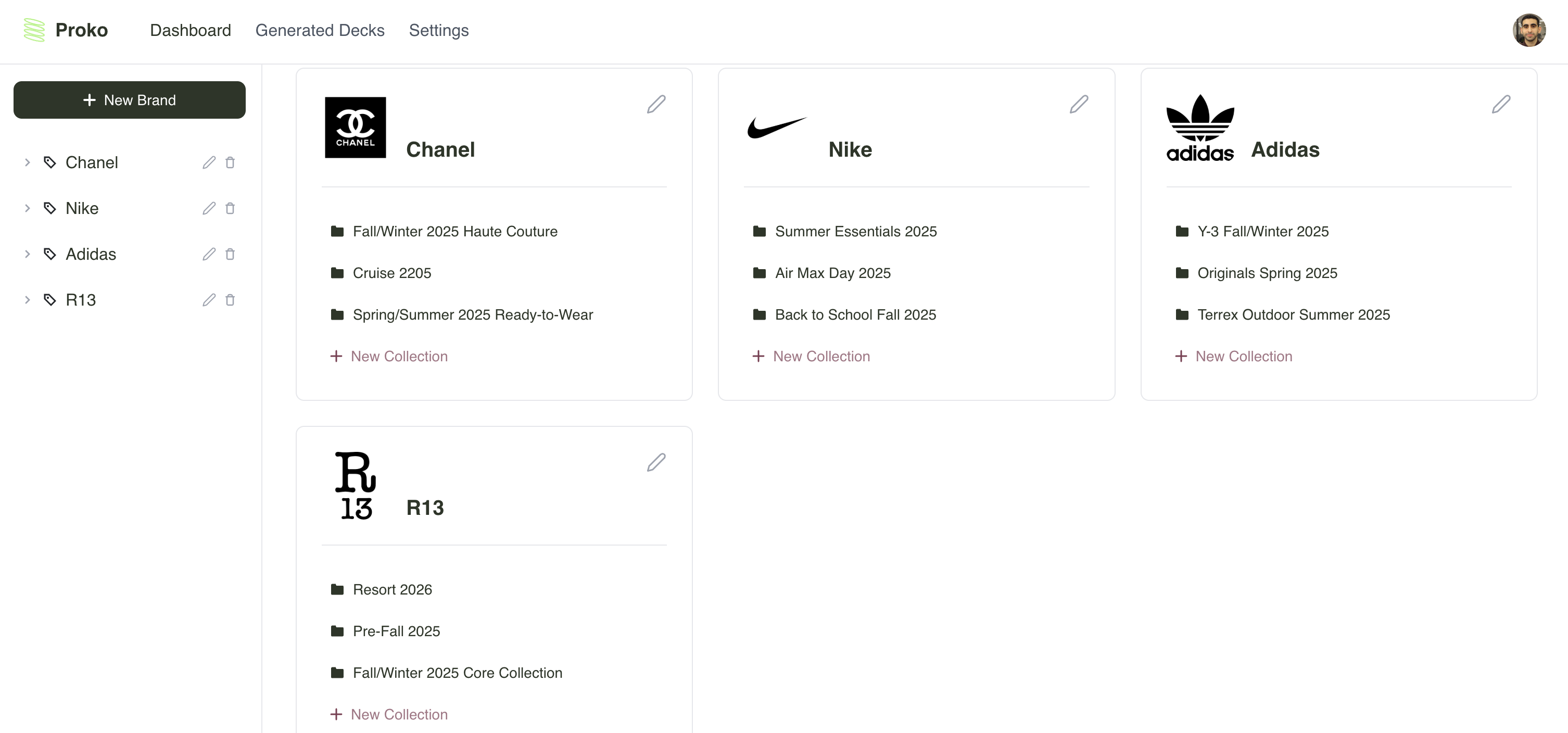 Proko dashboard showing brands and collections