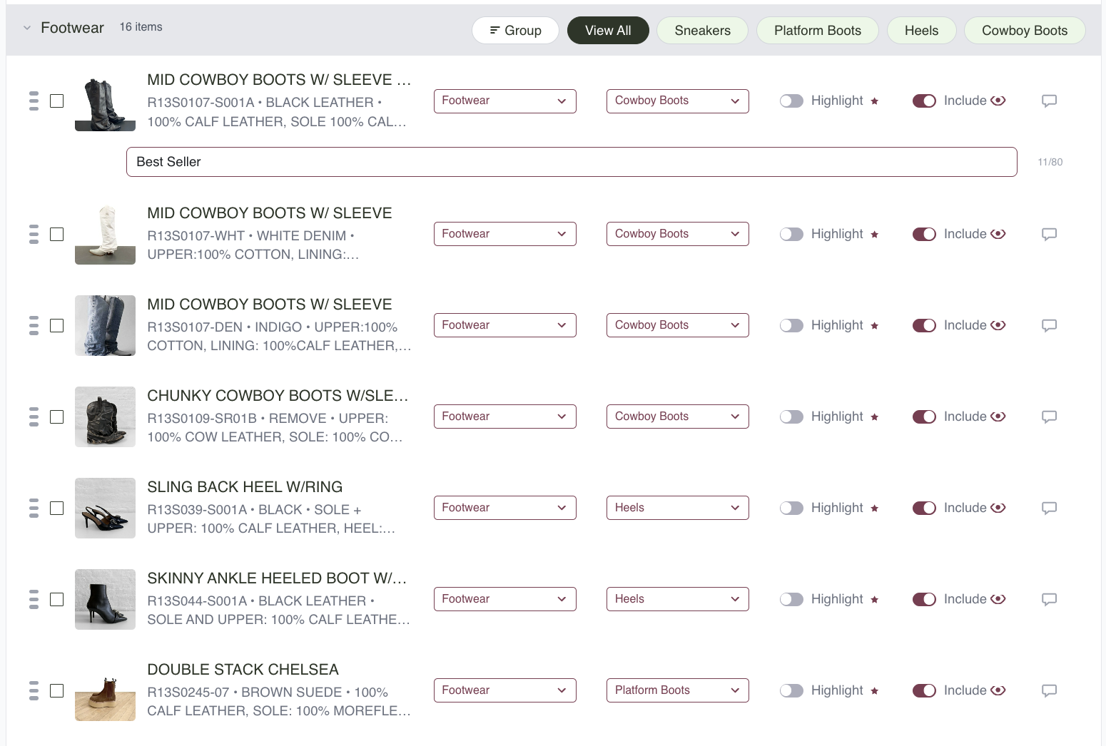 Collection items organized by category in Proko