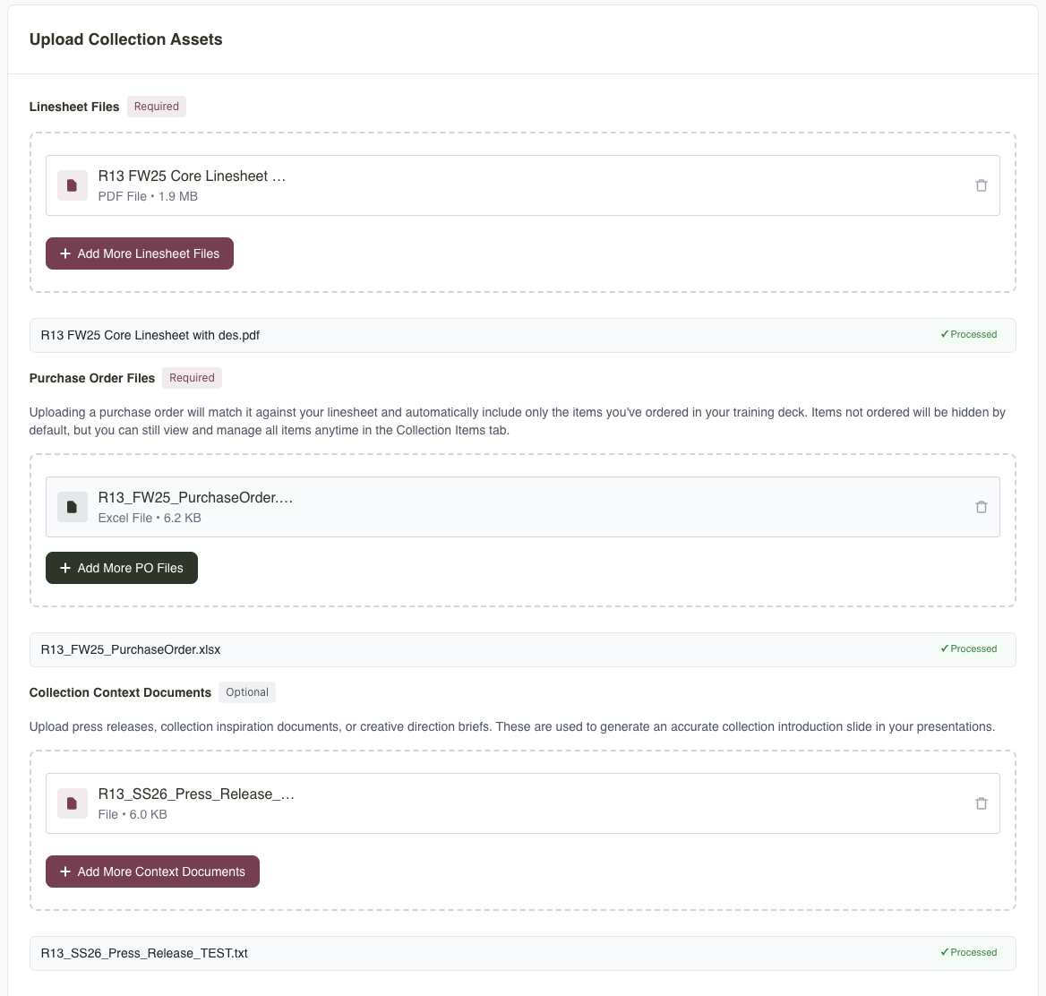Upload interface showing line sheets, purchase orders, and context documents